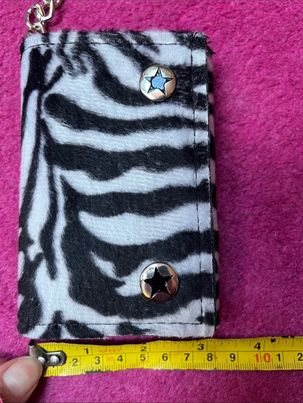 Y2K Goth fuzzy zebra print + black vinyl chain wallet